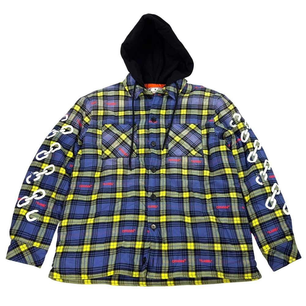 Designer Off-White Arrow Logo Puffer Jacket Mens Size XS Oversized Plaid Blue